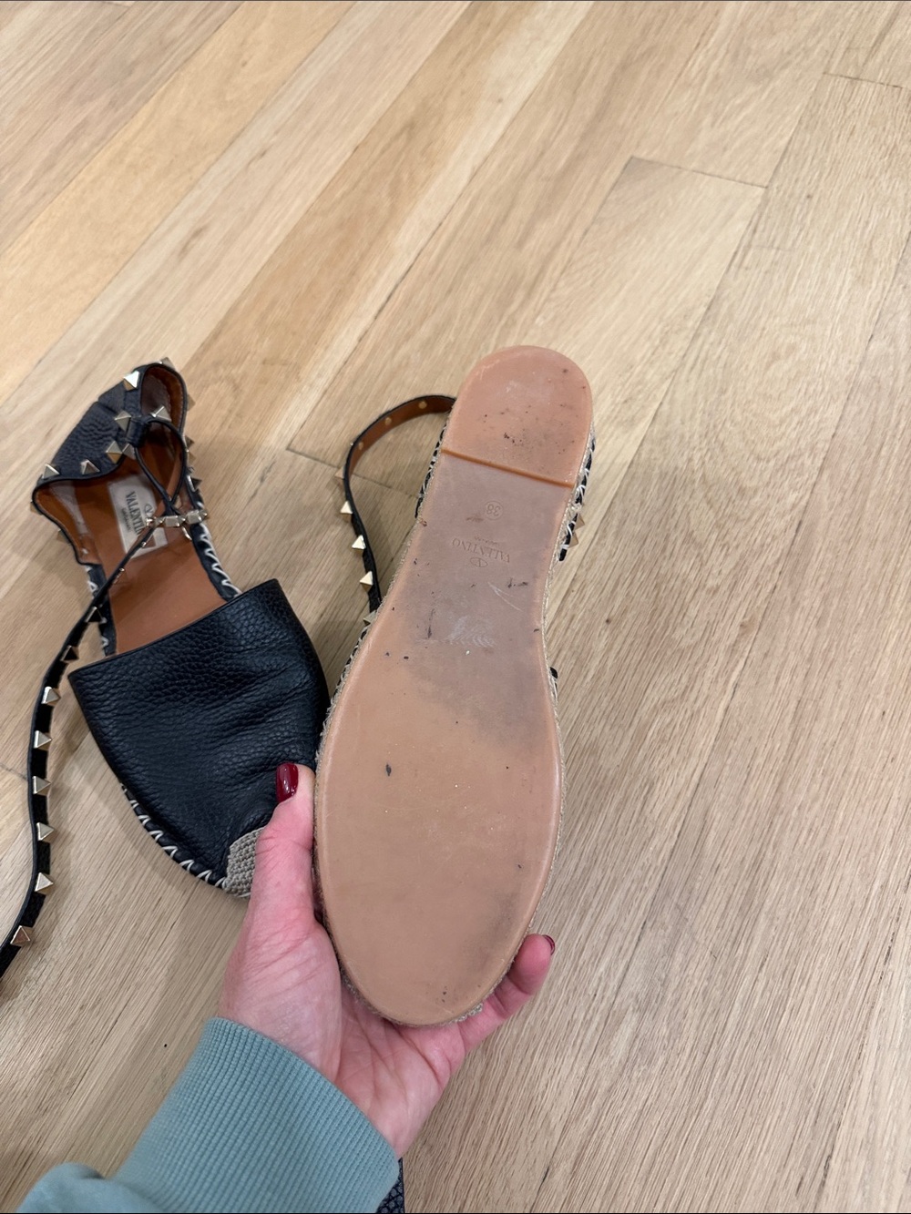 Valentino Black Leather Studded Espadrille Sandals with Natural Toe Cap - Picture 2 of 5